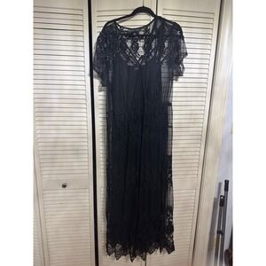 Colleen Lopez Black Lace Mesh Maxi Dress Womens 1X Short Sleeve V-Neck Layered